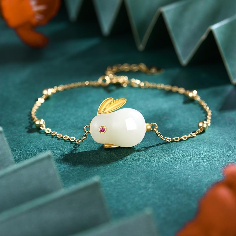 Hetian Jade Jade Hare Sterling Silver Bracelet Female S925 National Fashion Palace Style Ancient Gold Chinese Style Hand Jewelry