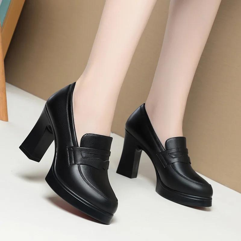 Fashion High Heels for Women 2025 Spring Slip On Pointed Toe Platform Heels Chunky Loafers Woman Black PU Leather Uniform College Shoes