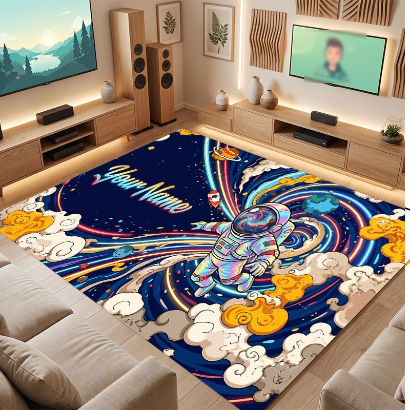 Astronaut Space Theme Soft Crystal Velvet Rug Custom Name & Text Print Non Slip Floor Rug for Bedroom Living Room