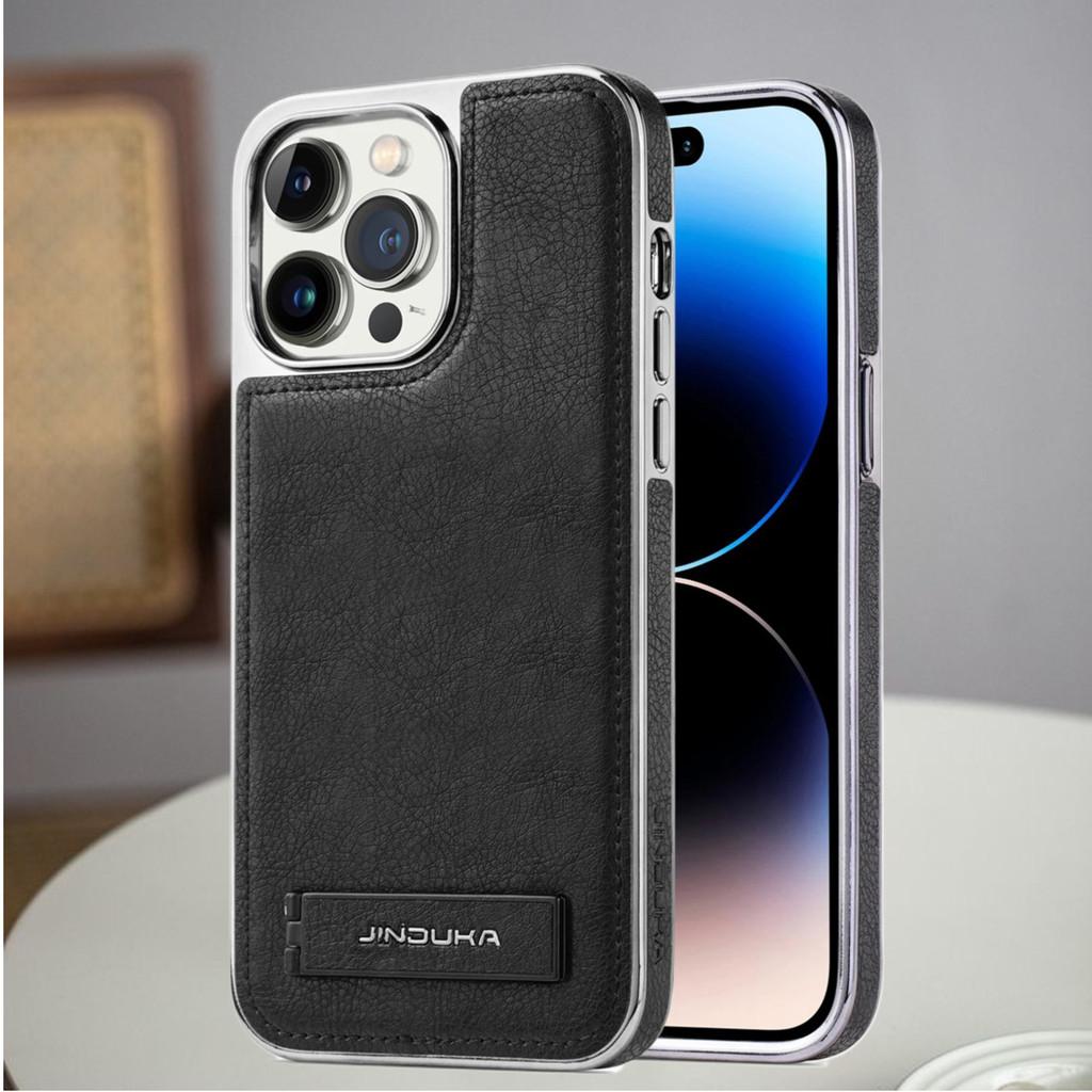 Bracket Holder Aluminum Lens Leather Case For iPhone 17 Pro Max 16 Air 15 Plus 14 Pro 13 12 11 Electroplated Bumper Phone Cover
