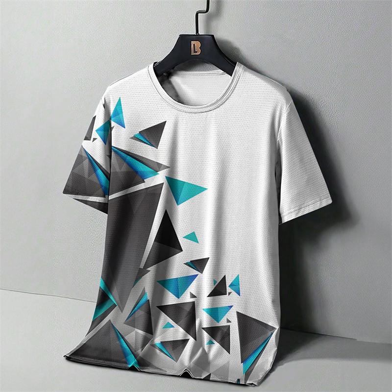 Men's Fashion Striped 3D Printed T-shirt, Summer Outdoor Comfortable Running Top, Personalized Casual Short Sleeved Sports Shirt