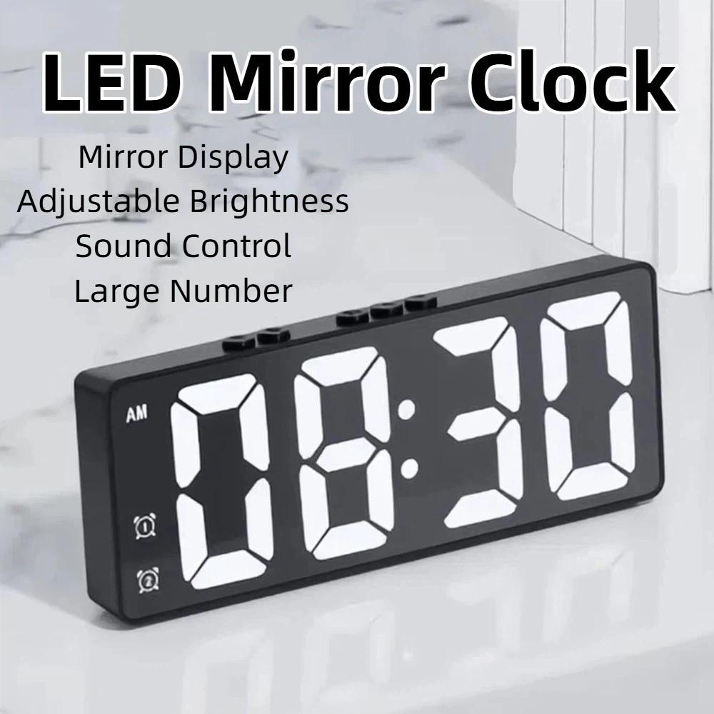 Mirror Display LED Mirror Clock Adjustable Brightness Large Number Digital Alarm Clock USB/Battery Powered Mute Function