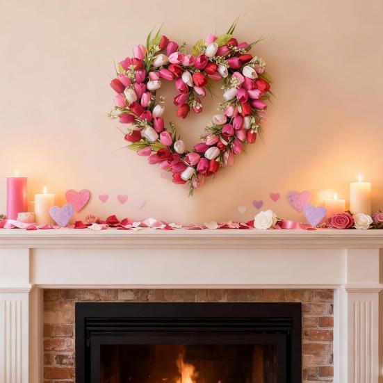 Holiday Wreath Heart Shape Indoor Outdoor Decorative Wreath with Festive Flowers Greenery Home Party Office