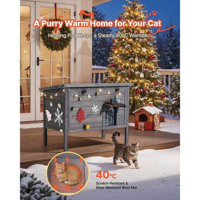 Raised Heated Cat House-VEVOR-Outdoor Cat Kennel-with Heated Cushion-Openable Asphalt Roof-87x53.5x69 cm