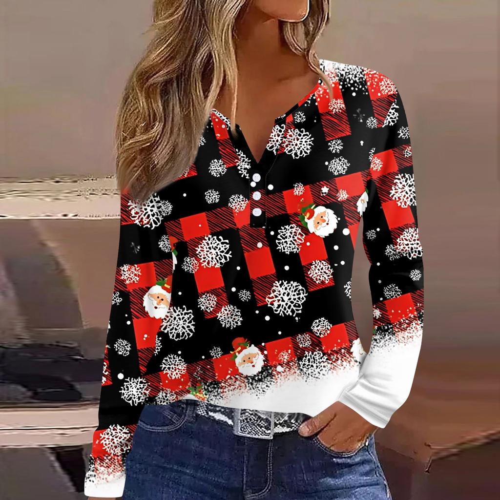 Women's T Shirt Tee Christmas Printed Button Long Sleeve Tunic Daily Weekend Fashion Basic V- Neck Regular Top