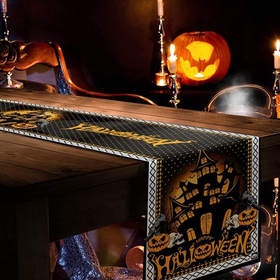 Хэллоуинская вечеринка, льняная дорожка для стола, украшение на Хэллоуин, дом, детский трюк, тыква, летучая мышь, узор, скатерть, товары для вечеринок ужасов