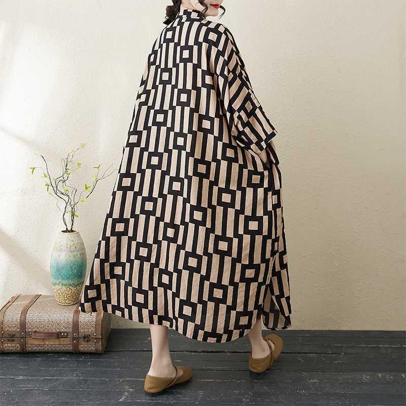 Платье для отпуска 2025 года с принтом и воротником-стойкой, свободного покроя, очень большого размера