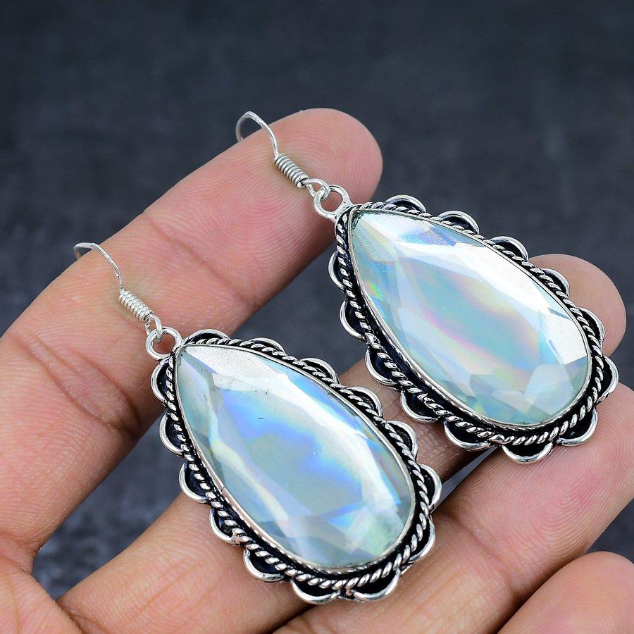 Mystic Topaz Gemstone 925 Sterling Silver Jewelry Gift Earring 2.56" i5M81