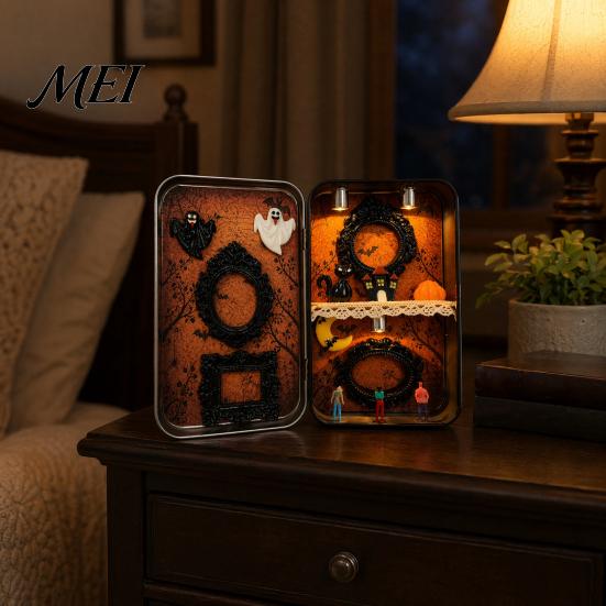 Festive Halloween Keepsake DIY Mini Photo Frames Silhouette Tin Box, Miniature Small Storage Picture Display Container for Party Home Decor