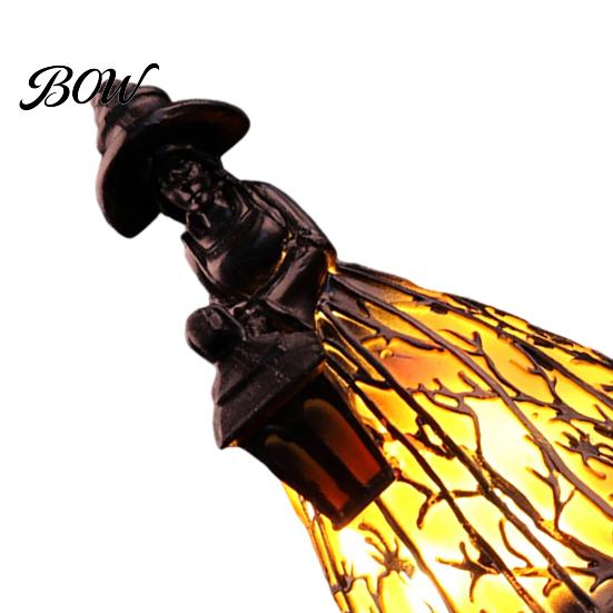 Vintage Black Orange Ornament Halloween Witch Lamp, Stained Glass Style Gothic Table Lamp with Lantern, Creative Broom Figurine LED Resin Night Light