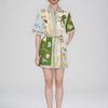 2026 Womens Printed Wrap Tie Neck A-Line Mini Dress High Waist Short Sleeve Elegant Office Casual