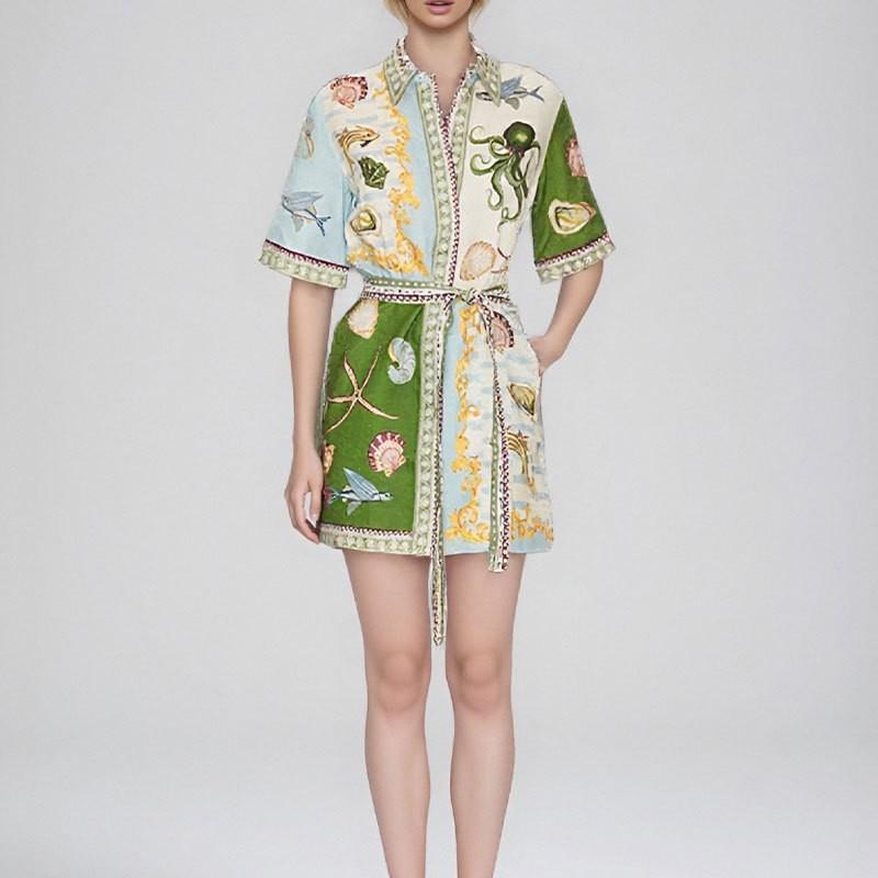 2026 Womens Printed Wrap Tie Neck A-Line Mini Dress High Waist Short Sleeve Elegant Office Casual