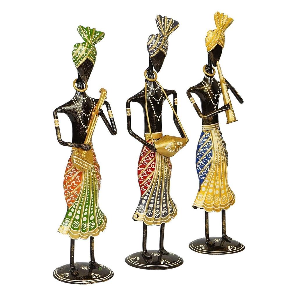 Tribal Metal Handicraft Muisician Showpiece Statue Table Decorative Items for Home,Antique Gift Items, Showpiece, Home Decoration Items (Set Of 3)