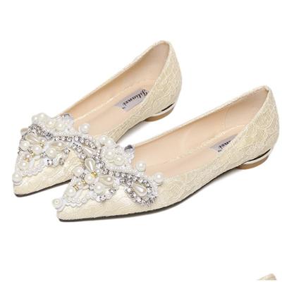 Мода Новая Корона Жемчуг Мягкие Балетки Свадебные Туфли Острый Носок Женские Платье Мокасины Низкий Жемчужный Каблук Женская Мода Роскошь Большой Размер 43