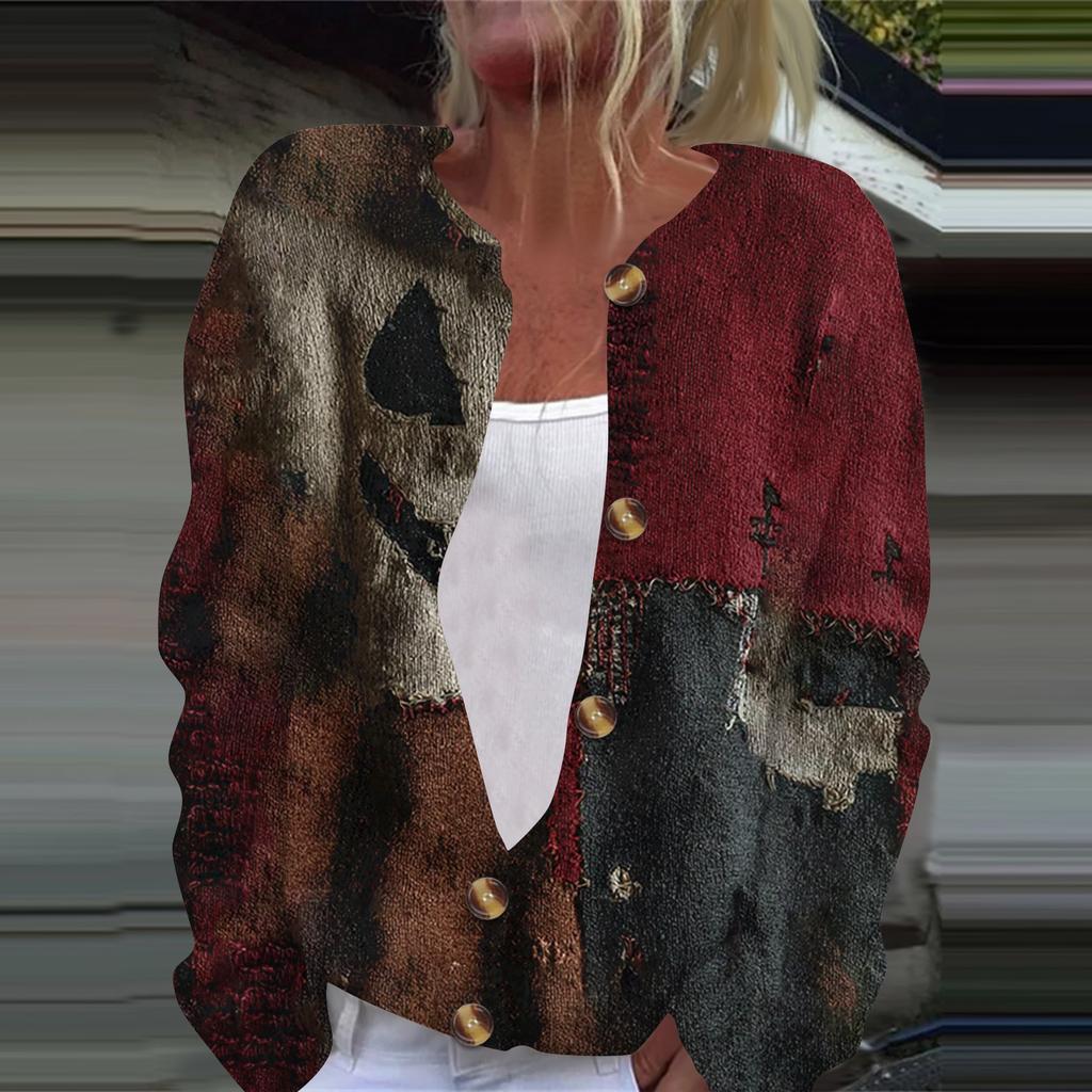 Women's Fashion Printed Long Sleeve Knitted Cardigan Button Down Jacket