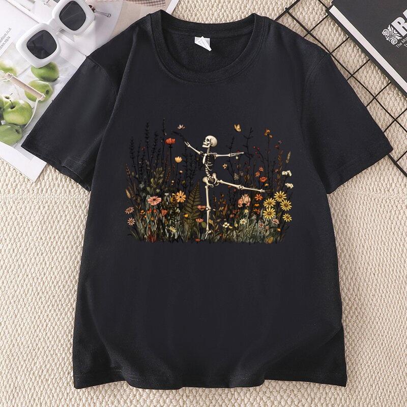 Skeleton Dancing Wildflower Tshirt Unisex Botanical Floral Cottagecore Nature Lover Tshirt Casual Round Neck Short Sleeve Tees