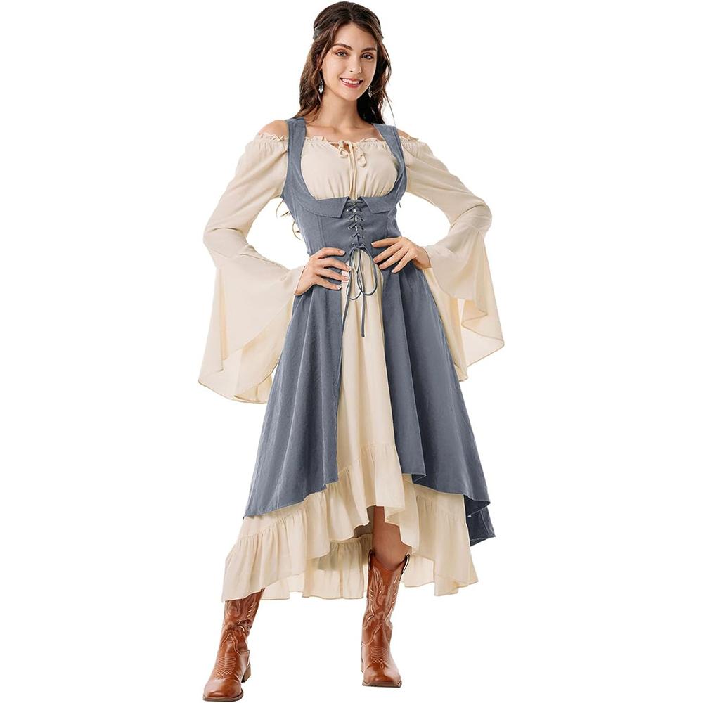 Women Renaissance Costume Underbust Pirate Peasant High Low Dress with Pockets