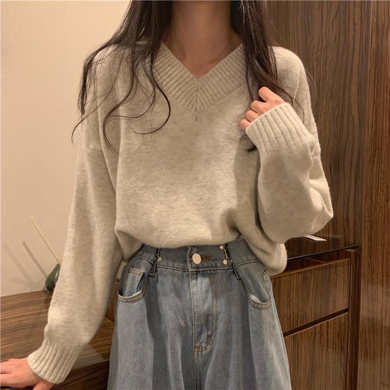 Женский свободный вязаный свитер: V-образный вырез, длинный рукав, корейский стиль, на весну, осень, зиму 2023 года.