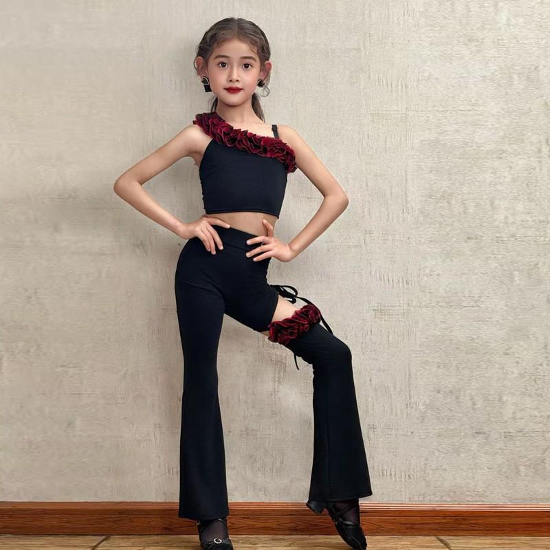 Girls Latin Dance Practice Outfit With Floral Lace Trim Performance Pants Set Nylon Stretch Fabric