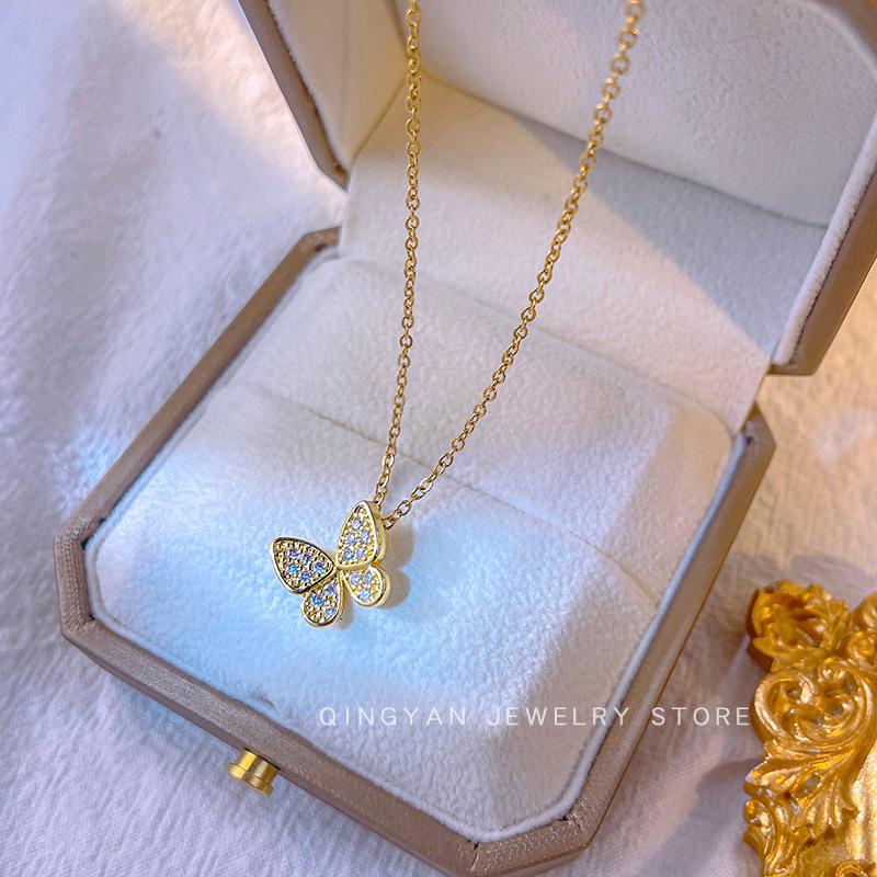 Light Luxury Butterfly Pendant Rhinestone Collarbone Chain Titanium Steel Simple Versatile Jewelry Women Necklace