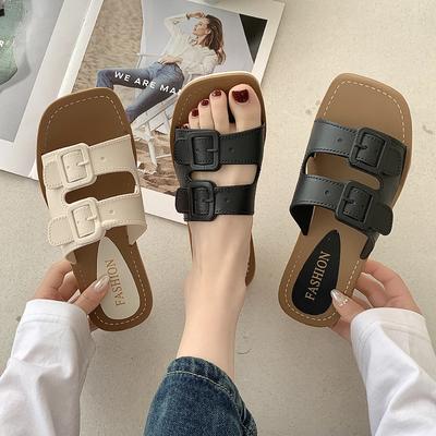 Модная Ретро Нескользящая Женская Обувь Лето Новые Туфли-балетки с Квадратным Носком Модные Сандалии на Мягкой Подошве Повседневные Легкие Простые Женские Шлепанцы