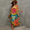 2023 Bohemian Plus Size Kaftan Dress V Neck Printed Beach Cover Up Loose African Caftan Robe Summer Outfit Q1464