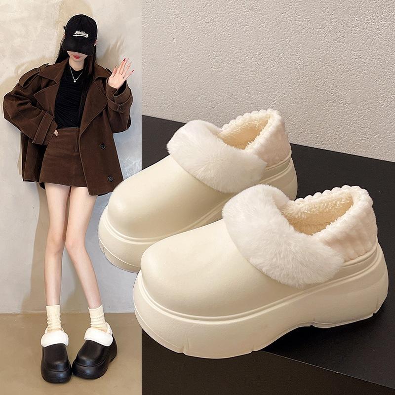 Increase the height of winter warmth, thickened thick-soled cartoon one-pedal comfortable and cute velvet cotton shoes, women's fluffy shoes