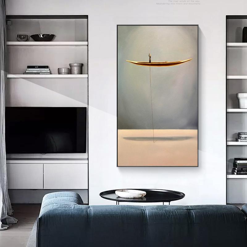 Золотая лодка, абстрактный творческий одинокий мыслитель, холст, живопись, постеры и принты, настенные художественные фотографии для гостиной, Декор Куадрос