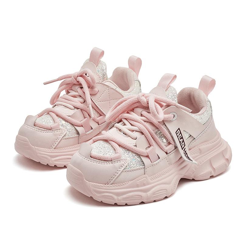 Kids Girls Sneakers Glitter Chunky Daddy Shoes PU Leather Casual Sports Shoes For School Spring Autumn Comfortable Running Shoes