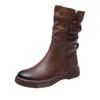 Women Boots Autumn Winter Plush Warm Mid Calf Boots Round Toe Zipper Pleated Thick Bottom Leather Cotton Boots