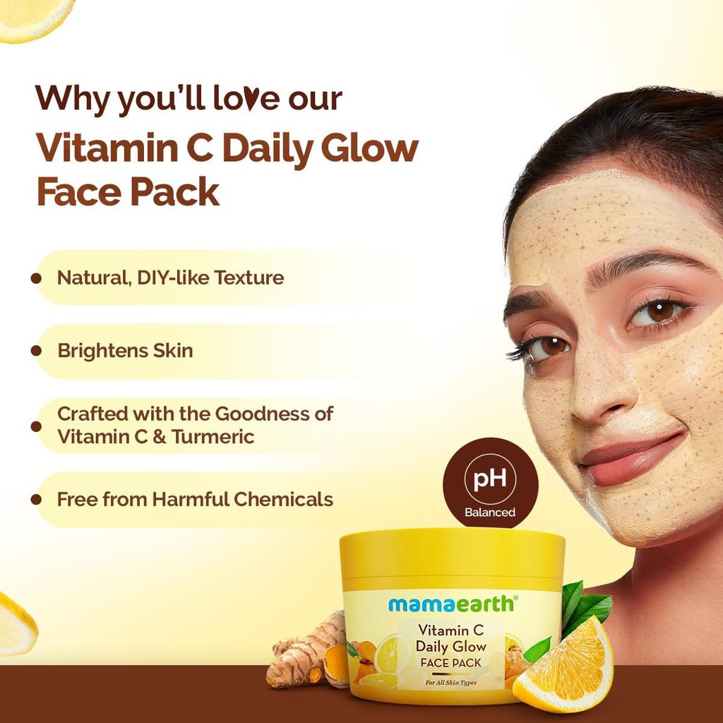 Mamaearth Vitamin C Daily Glow Face Pack 200g For Bright Skin Glow With Turmeric Clay Mask | Natural DIY Texture | All Skin Types