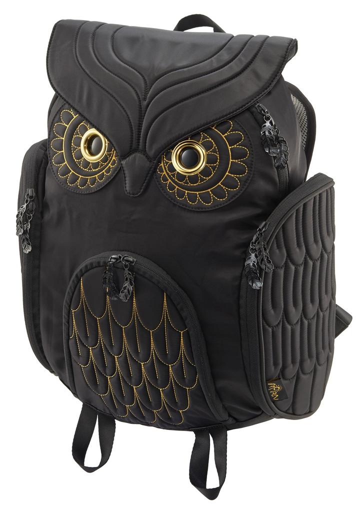 MORN CREATIONS Owl Classic Backpack L Size Gold Embroidery Black