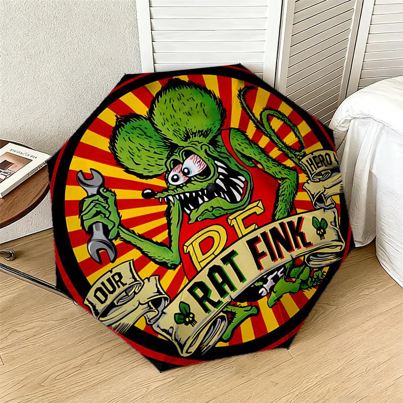 Rat Fink Art 8 Ribs 3Fold Black Glue Uv Protection Umbrella Sun Protection Rainproof Compact Folding Umbrella For Travel Daily Use C92323