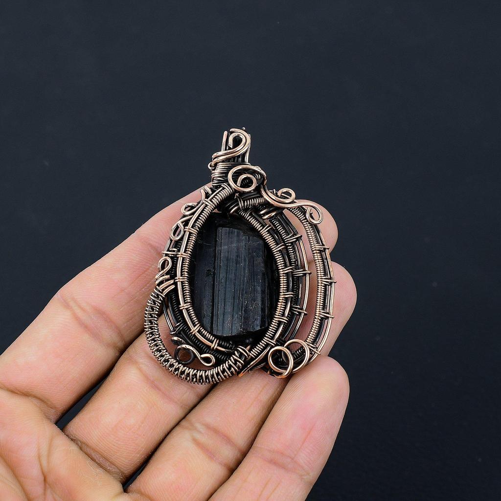 Подвеска из черного турмалина, ювелирное изделие из драгоценного камня, подвеска, обернутая медной проволокой 999 пробы, удивительное ювелирное изделие-подвеска ручной работы