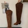 Коричневые ботфорты на низком каблуке с острым носком, ботфорты выше колена женские леопардовые осенние туфли на толстом каблуке, новинка, Bottes Femme