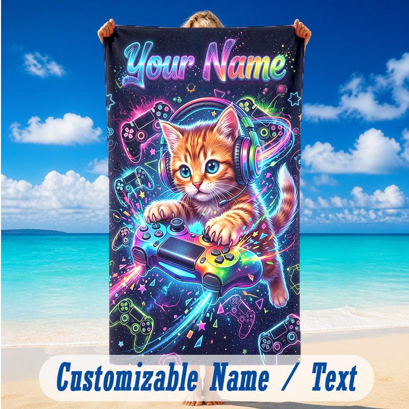 Cat Theme Beach Towel Personalized Custom Name & Text Soft Quick Dry Beach Towel for Swimming Travel