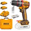 INGCO 20V Brushless Impact Drill with 66 Nm Torque 2×2.0 Ah Batteries and Charger