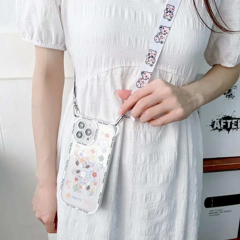 Cute Cartoon Flowers Bear Crossbody Case For iPhone 15 14 13 16 Pro Max 11 12 X Xs 7 8 Plus Cat Necklace Transparent Soft Cover