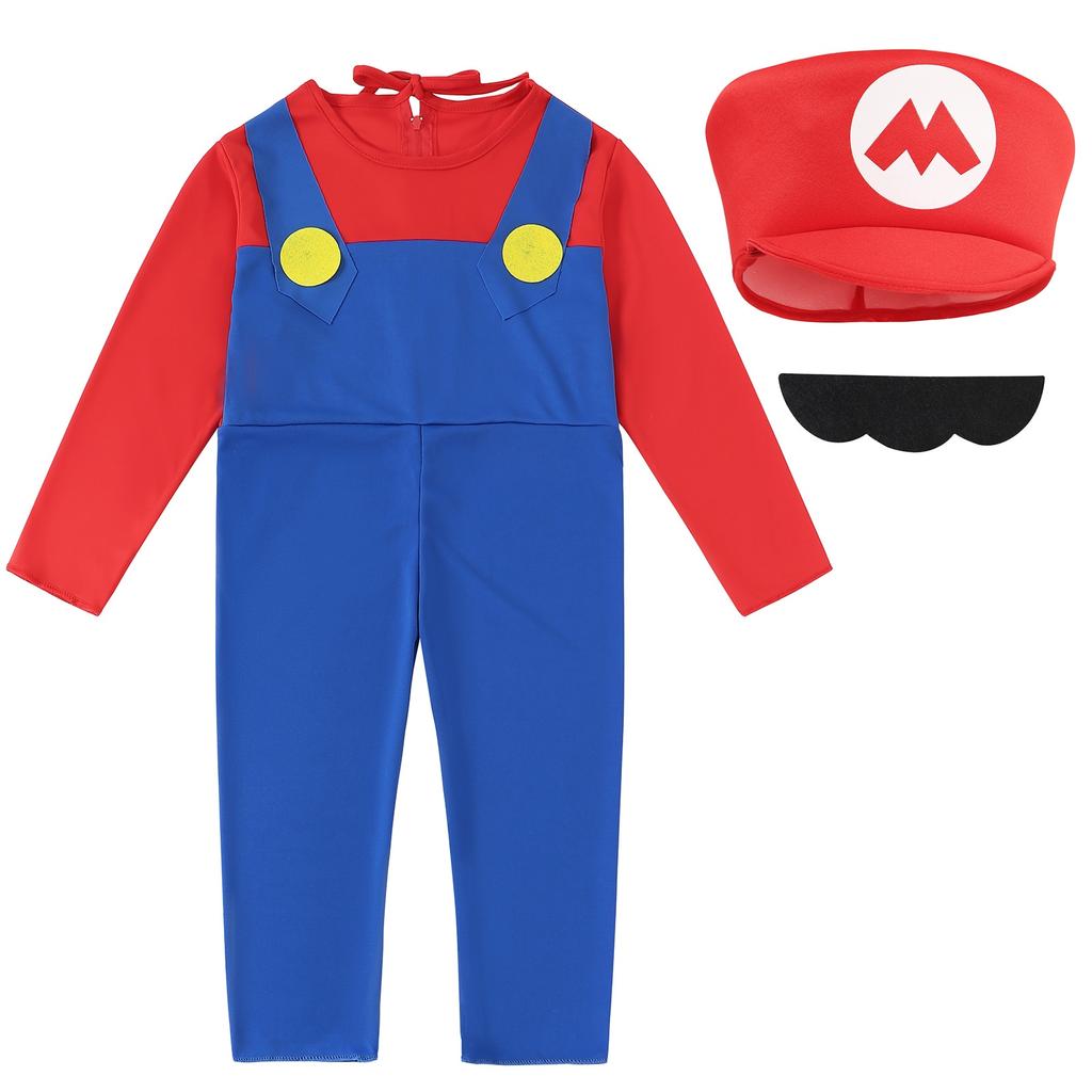 Costum Clasic Super Mario for Kids, Party Game Role-Play, Carnival, Christmas, Halloween, with Hat and Beard, Red, S, 3-4 Years