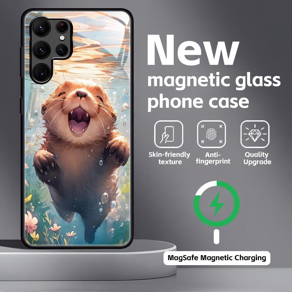 Милый Чехол для Телефона с Выдрой Для Samsung S26 S25 S24 S23 S22 S21 Plus Ultra Note20 Стеклянный Магнитный Чехол