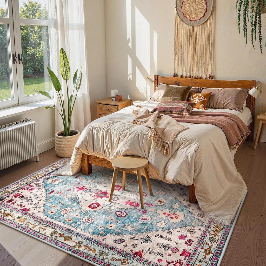 Boho Tribal Area Rug Aqua Large Rugs for Bedroom Washable Rug for Living Room, Distressed Soft Non Slip Indoor Throw Dining Room