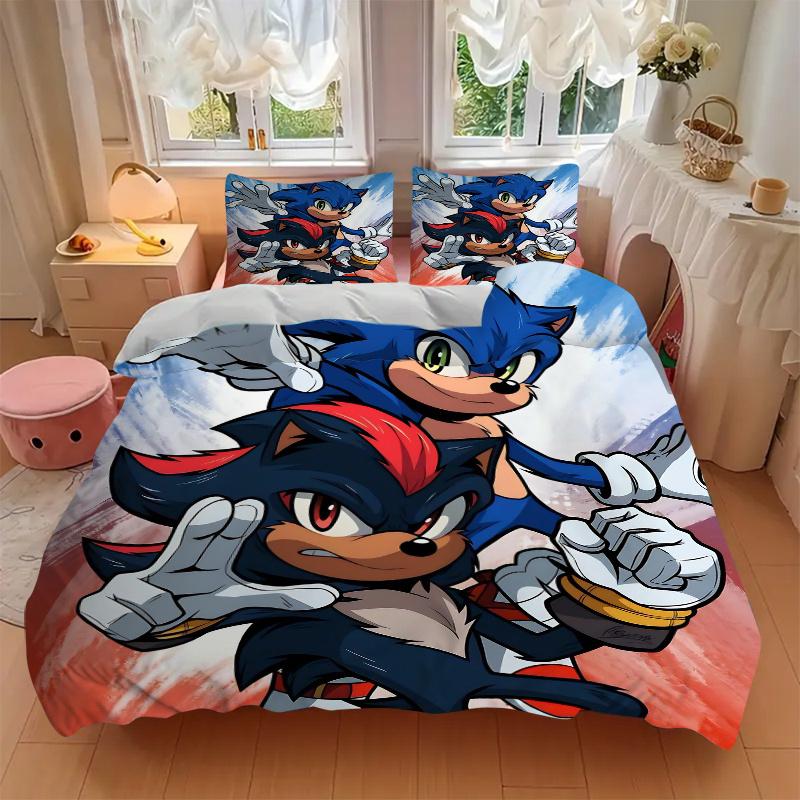 3pcs Speedsters United Sonic and Shadow's Quilt Set Cartoon Themed Bed Quilt Set Lovely Character Bedroom Decor Bed Quilt Set Four Seasons (1 Cov