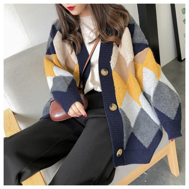 Autumn New Long Sleeve Argyle Knitted Sweater Jacket Women Winter Elegant Fashion Loose Woman Cardigans Sweaters Vintage Plus Size Knitwear Coat 24929