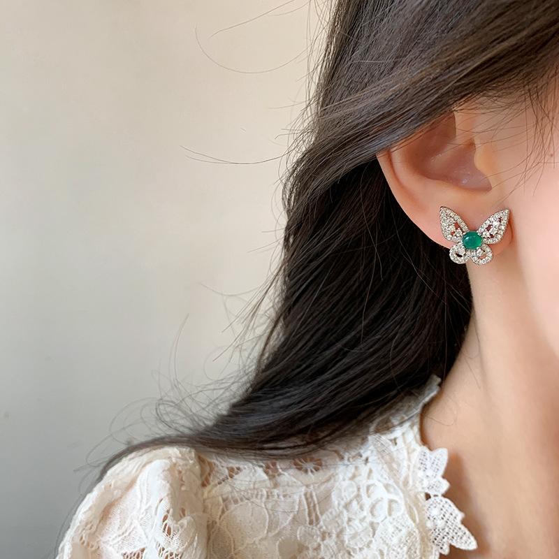 S sterling silver needle zircon chalcedony butterfly stud earrings women's high-end sense light luxury fashion personalized earrings new ear jewelry