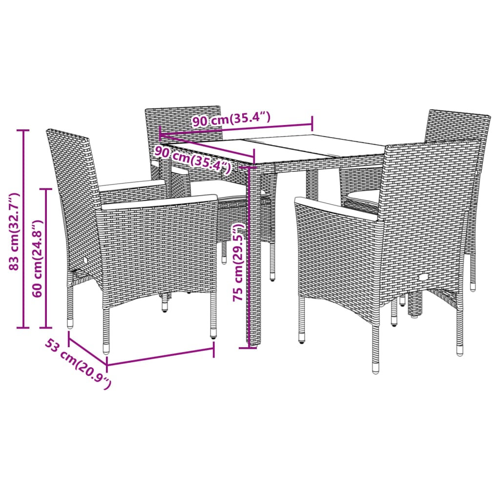 vidaXL 5 Piece Outdoor Dining Set with Cushions Grey Poly Rattan and Glass
