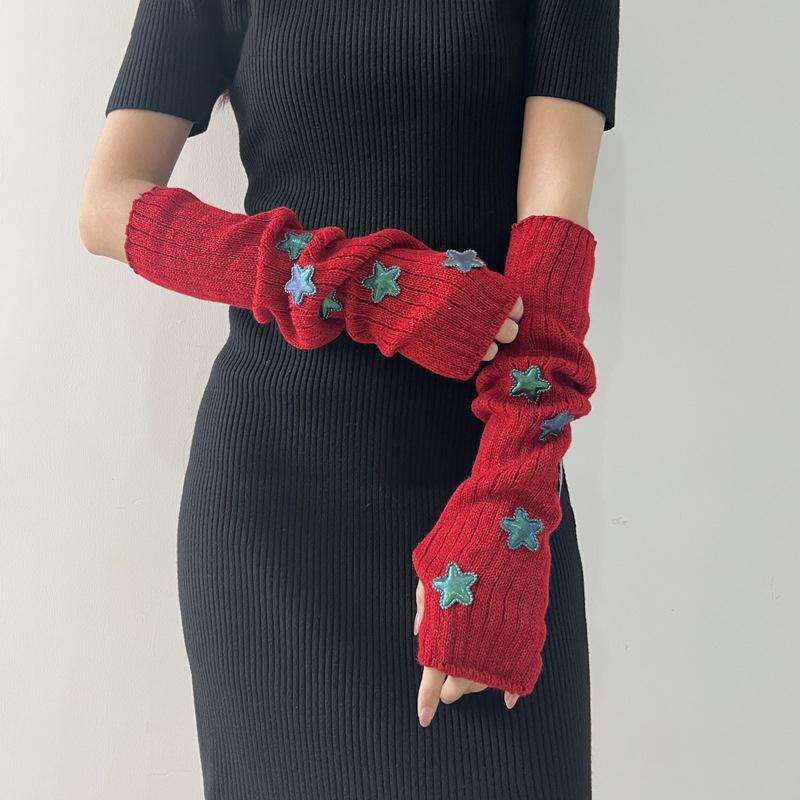 Red Knitted Arm Cover Hip-Hop Long Fingerless Sleeves Stretchy Elbow Decoration Thumb Hole Gloves Teens Cosplay