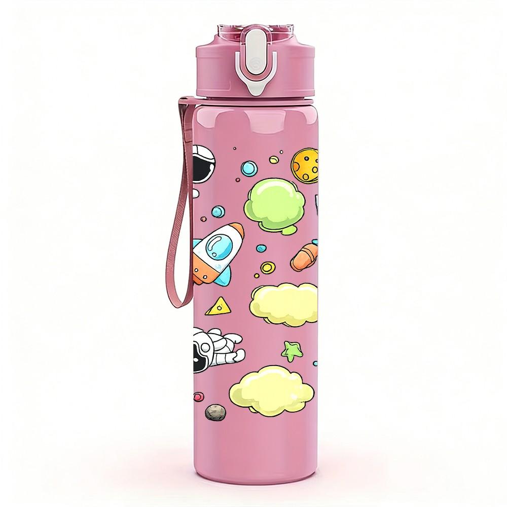 1PC Colorful Planet Star Doodle Pattern 750ml Color Plastic Sports Water Bottle Leakproof Flip Straw Lid Suitable for Sports Office Home Use