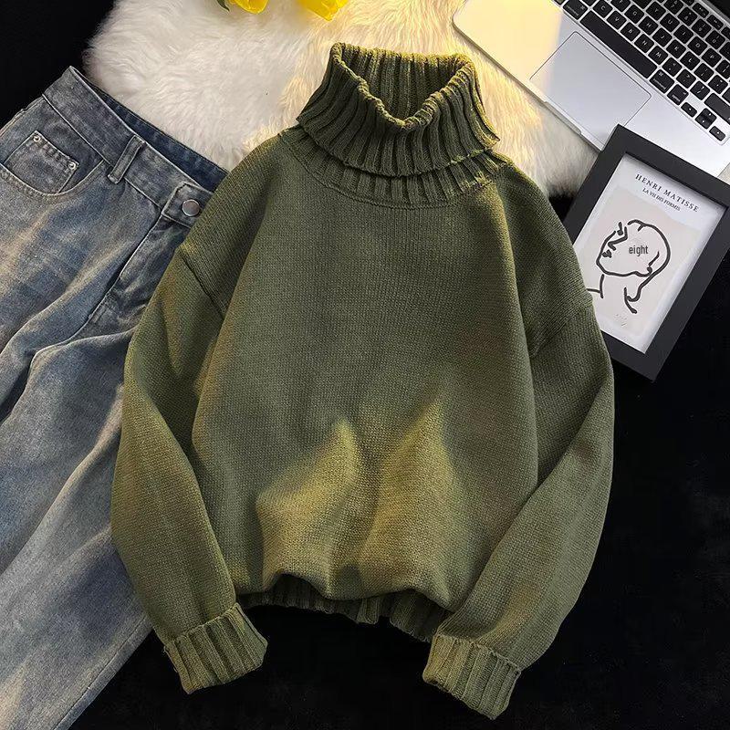 Men's Solid Color Slim Mid-Neck Sweater - Knitted Turtleneck for Autumn/Winter