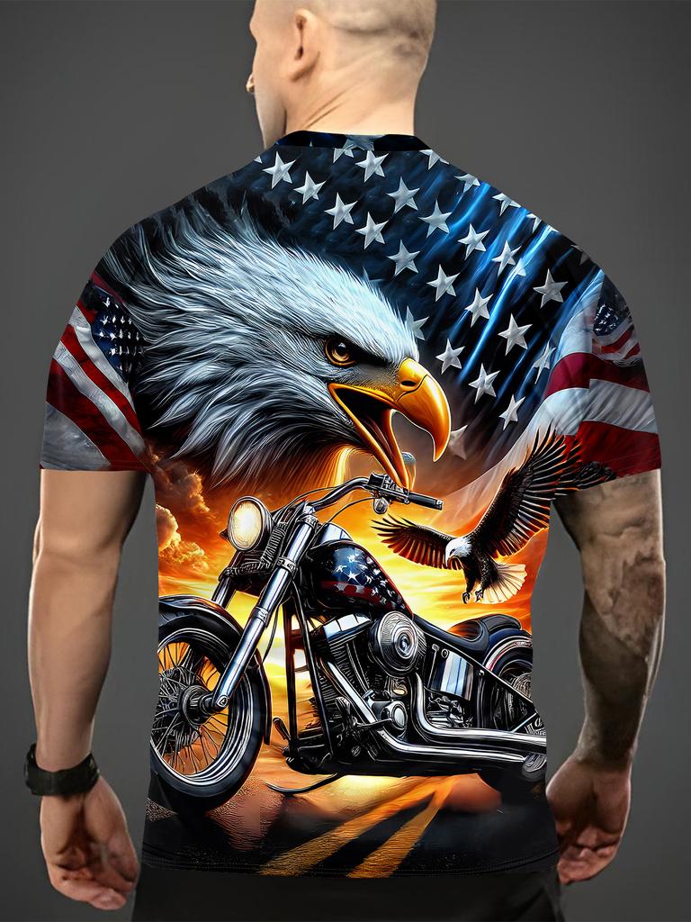 3D Eagle And Motorcycle Print Men'S Round Neck T-Shirt - American Flag Design, Summer Casual Wear for Outdoor Activities, Fitness, Running, And Gift