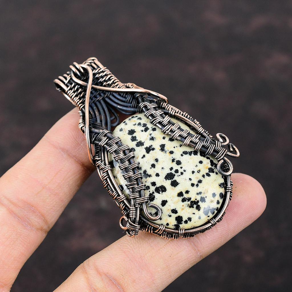 Подвеска из далматинской яшмы, обернутая медной проволокой, уникальная медная подвеска, ювелирные изделия ручной работы, обернутые проволокой, подарок для нее, подвеска из драгоценного камня